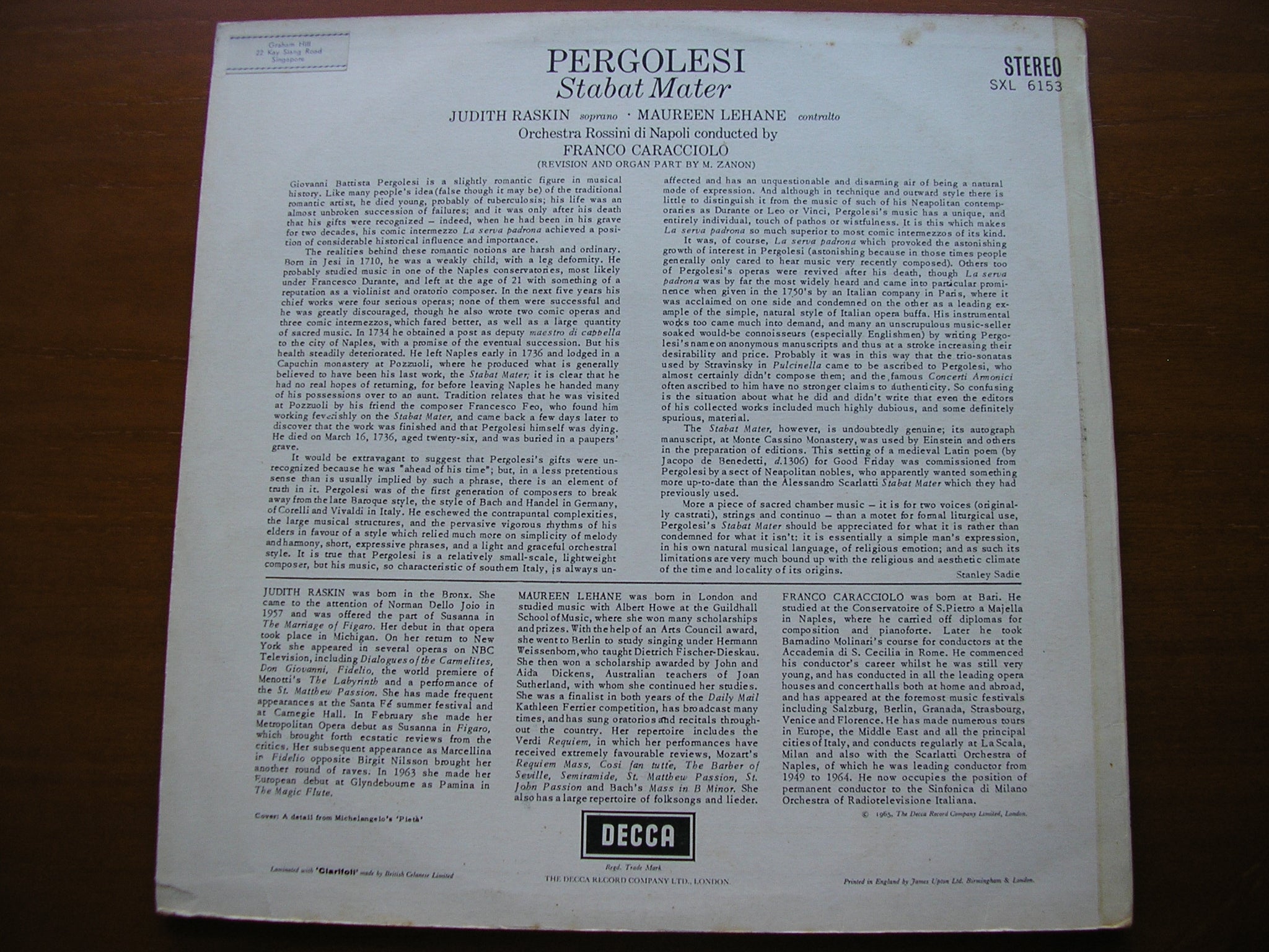 SXL 6153 PERGOLESI: STABAT MATER RASKIN / LEHANE / NAPLES ROSSINI ORCHESTRA / CARACCIOLO