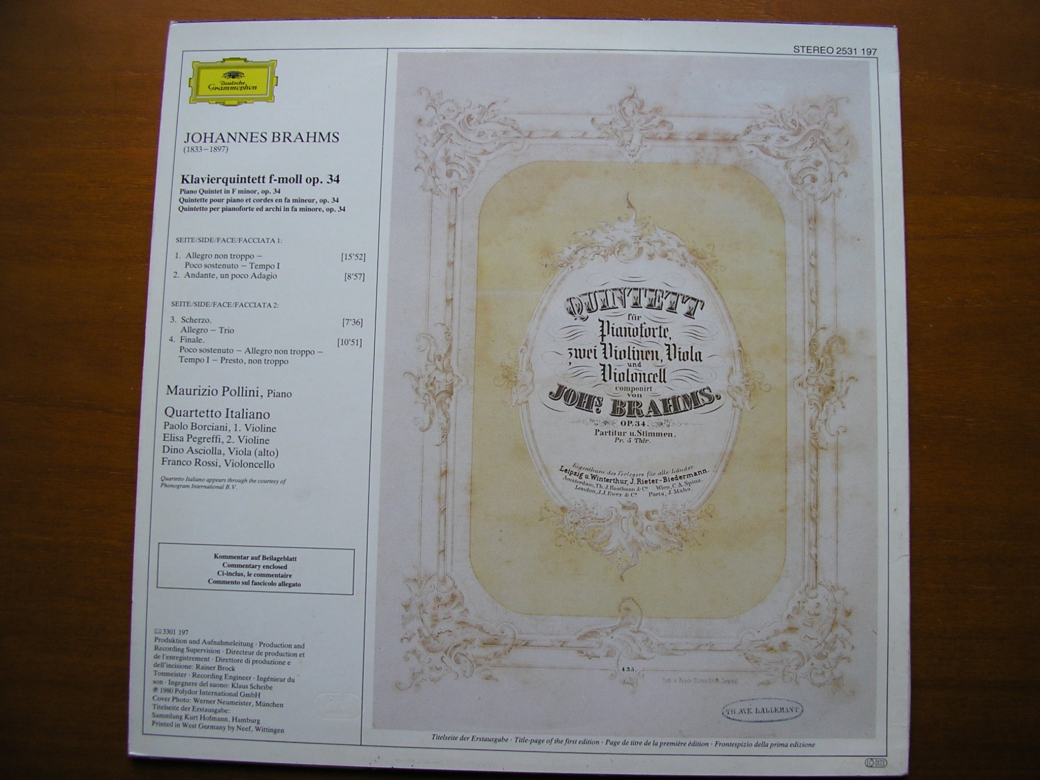 BRAHMS: PIANO QUINTET Op. 34      POLLINI / QUARTETTO ITALIANO     2531 197