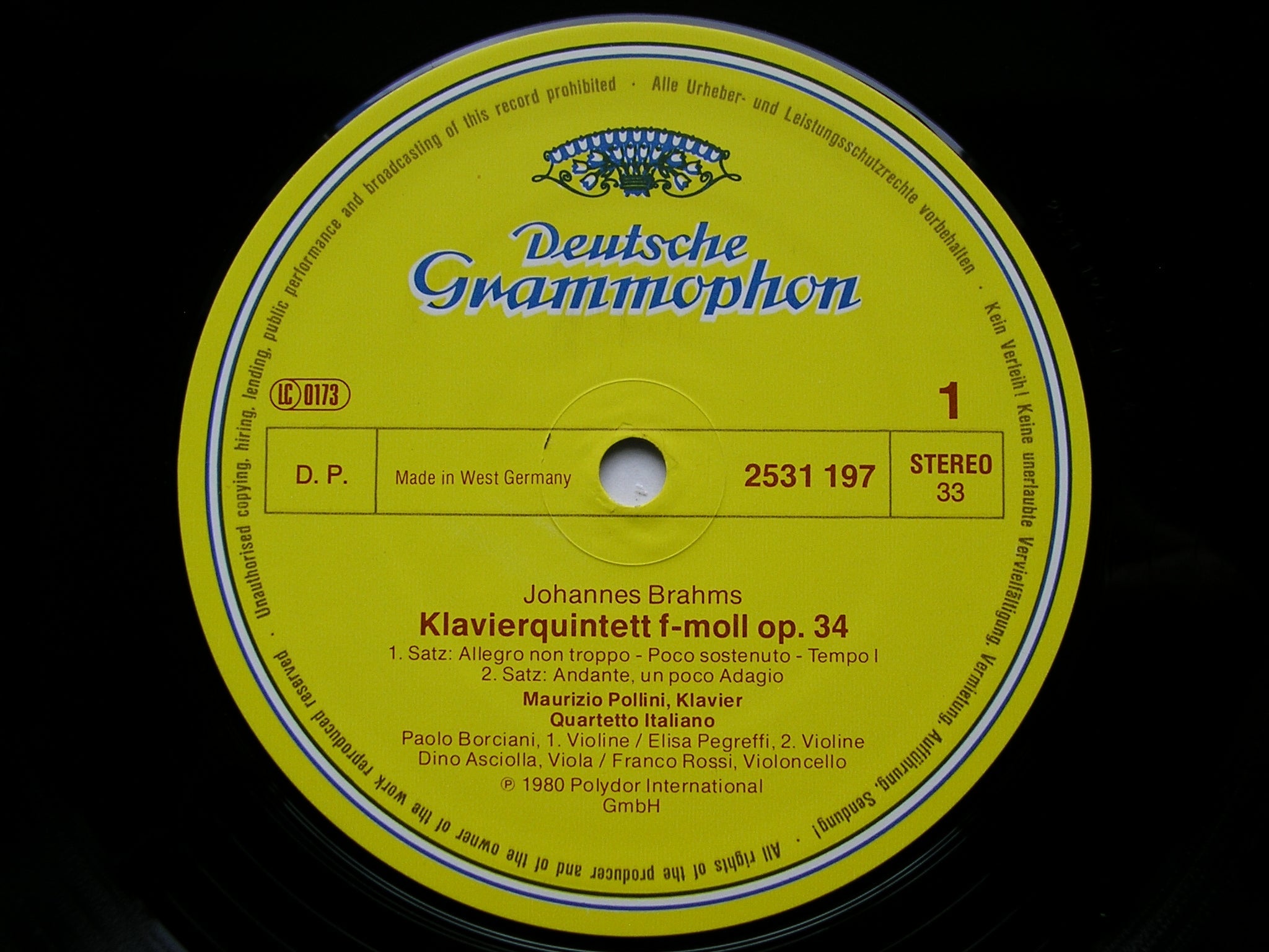 BRAHMS: PIANO QUINTET Op. 34      POLLINI / QUARTETTO ITALIANO     2531 197