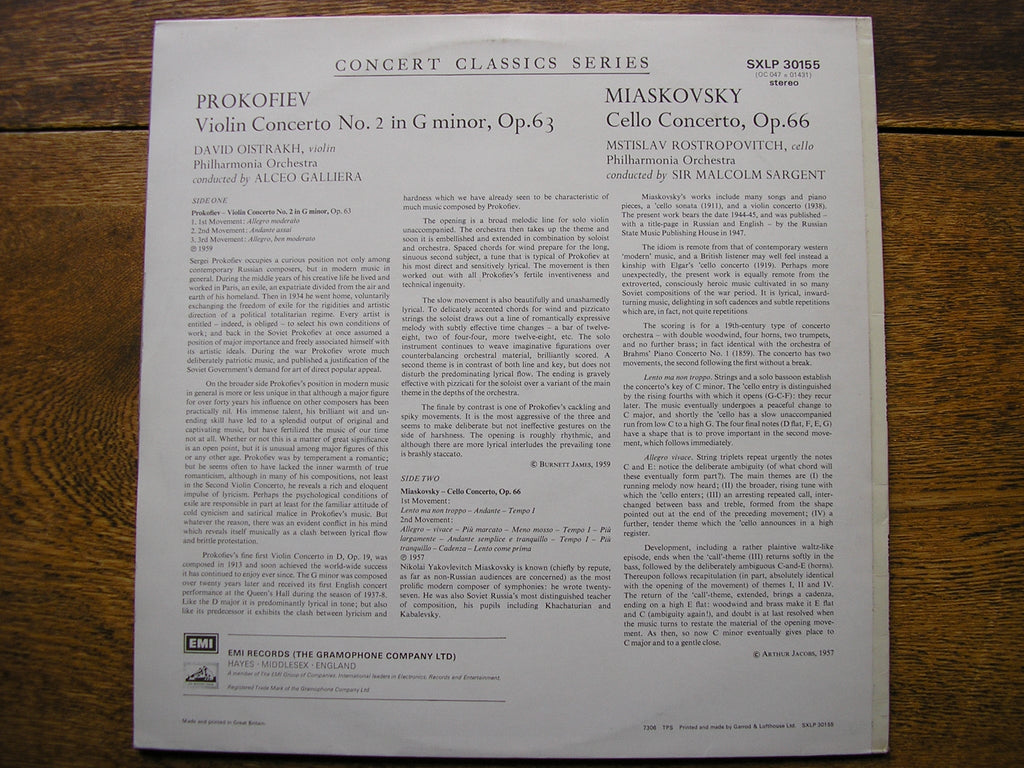SXLP 30155 MIASKOVSKY: CELLO CONCERTO / PROKOFIEV: VIOLIN CONCERTO No. 2 ROSTROPOVICH / OISTRAKH / PHILHARMONIA / SARGENT / GALLIERA