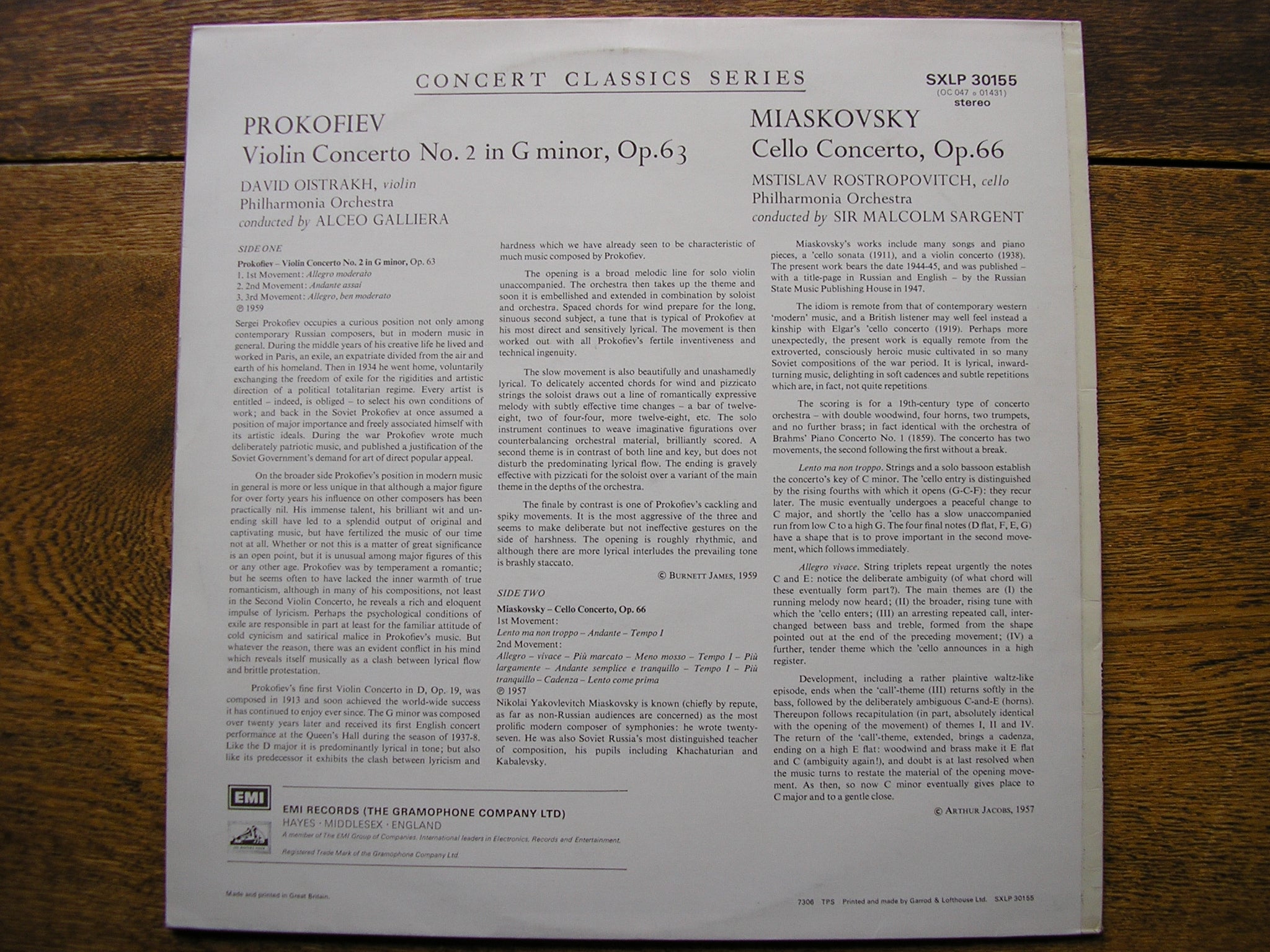 SXLP 30155 MIASKOVSKY: CELLO CONCERTO / PROKOFIEV: VIOLIN CONCERTO No. 2 ROSTROPOVICH / OISTRAKH / PHILHARMONIA / SARGENT / GALLIERA