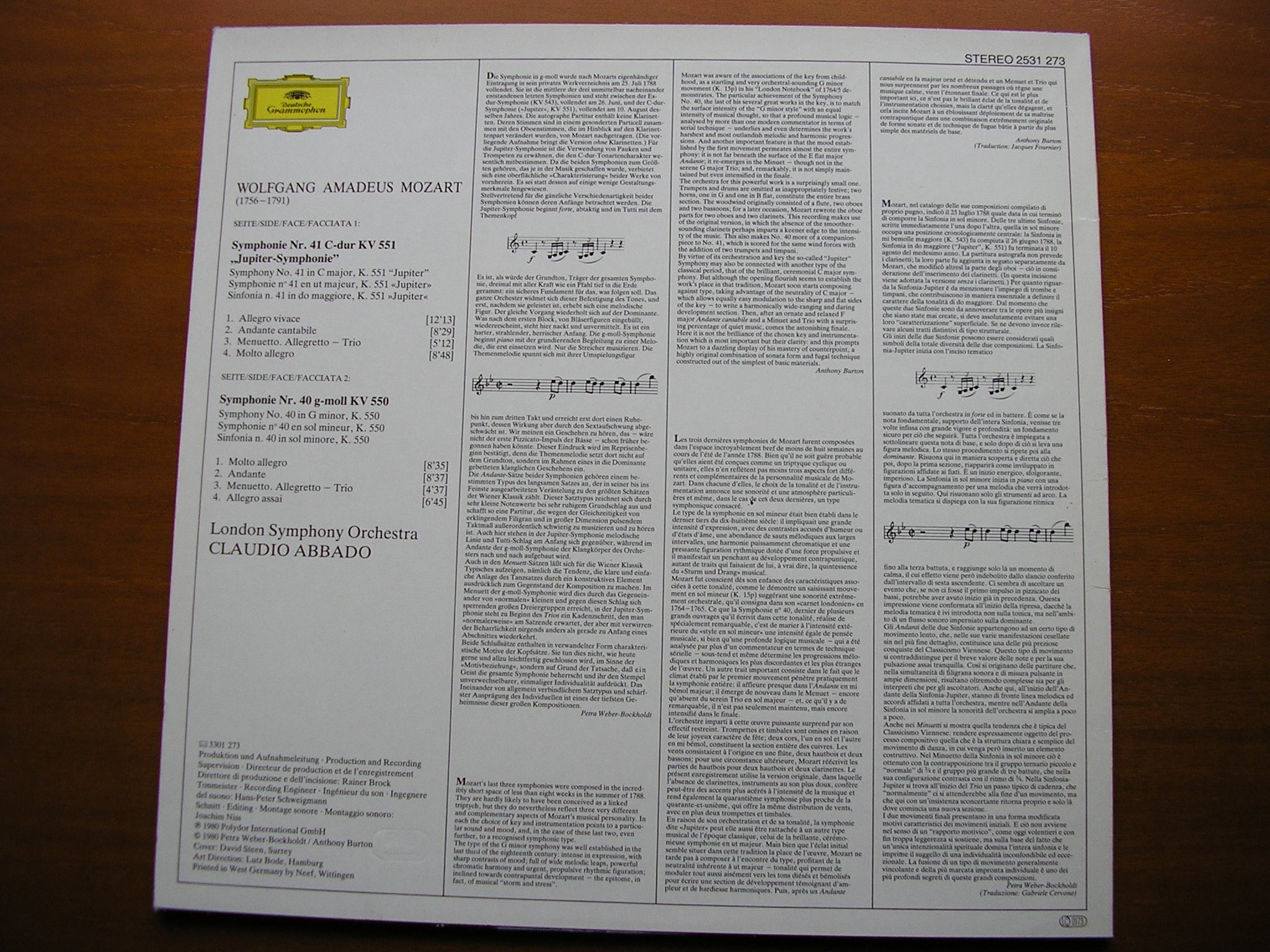 MOZART: SYMPHONIES Nos. 40 & 41 'Jupiter'    ABBADO / LONDON SYMPHONY   2531 273