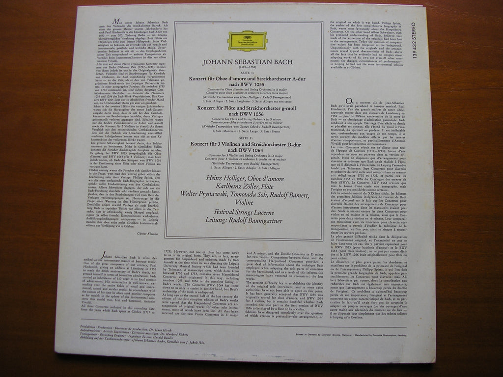 BACH: CONCERTOS    HOLLIGER / ZOLLER / BAMERT / SOH / PRYSTAWSKI / LUCERNE FESTIVAL STRINGS / RUDOLF BAUMGARTNER   139 432