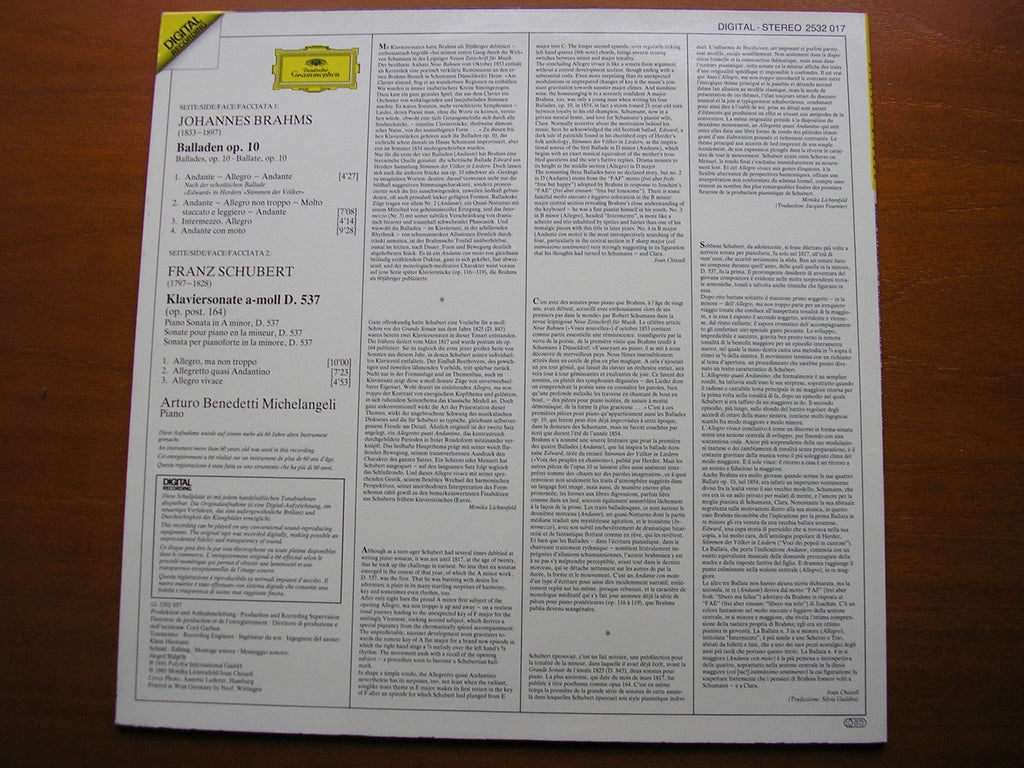 BRAHMS: 4 BALLADES Op. 10 / SCHUBERT: PIANO SONATA D537      MICHELANGELI      2532 017