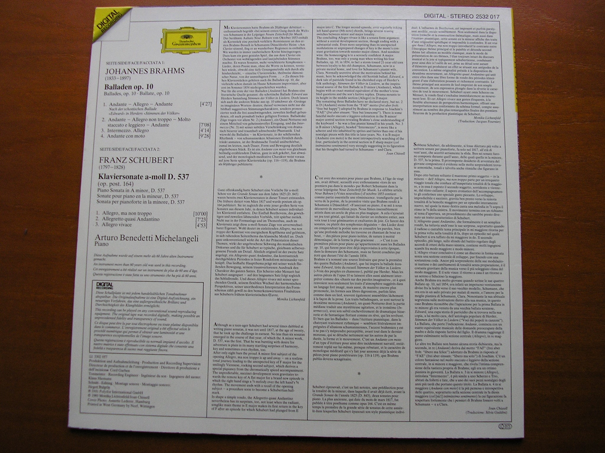 BRAHMS: 4 BALLADES Op. 10 / SCHUBERT: PIANO SONATA D537      MICHELANGELI      2532 017