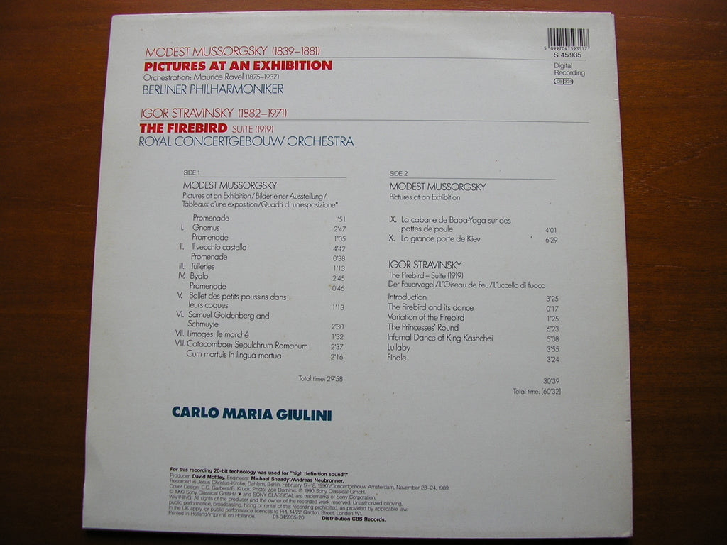 MUSSORGSKY: PICTURES AT AN EXHIBITION / STRAVINSKY: FIREBIRD Suite    GIULINI / BERLIN PHILHARMONIC / CONCERTGEBOUW ORCHESTRA    S 45935