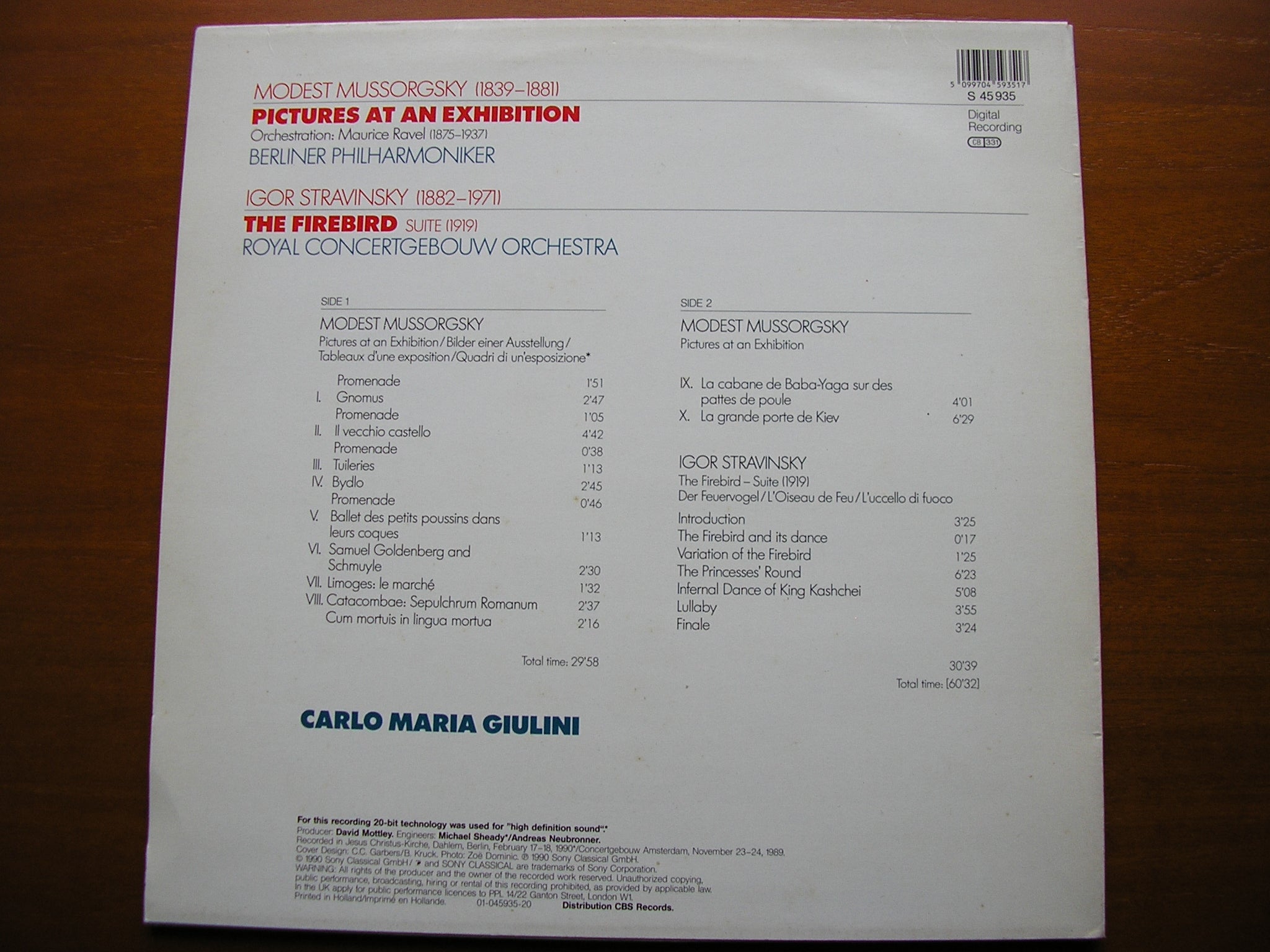 MUSSORGSKY: PICTURES AT AN EXHIBITION / STRAVINSKY: FIREBIRD Suite    GIULINI / BERLIN PHILHARMONIC / CONCERTGEBOUW ORCHESTRA    S 45935
