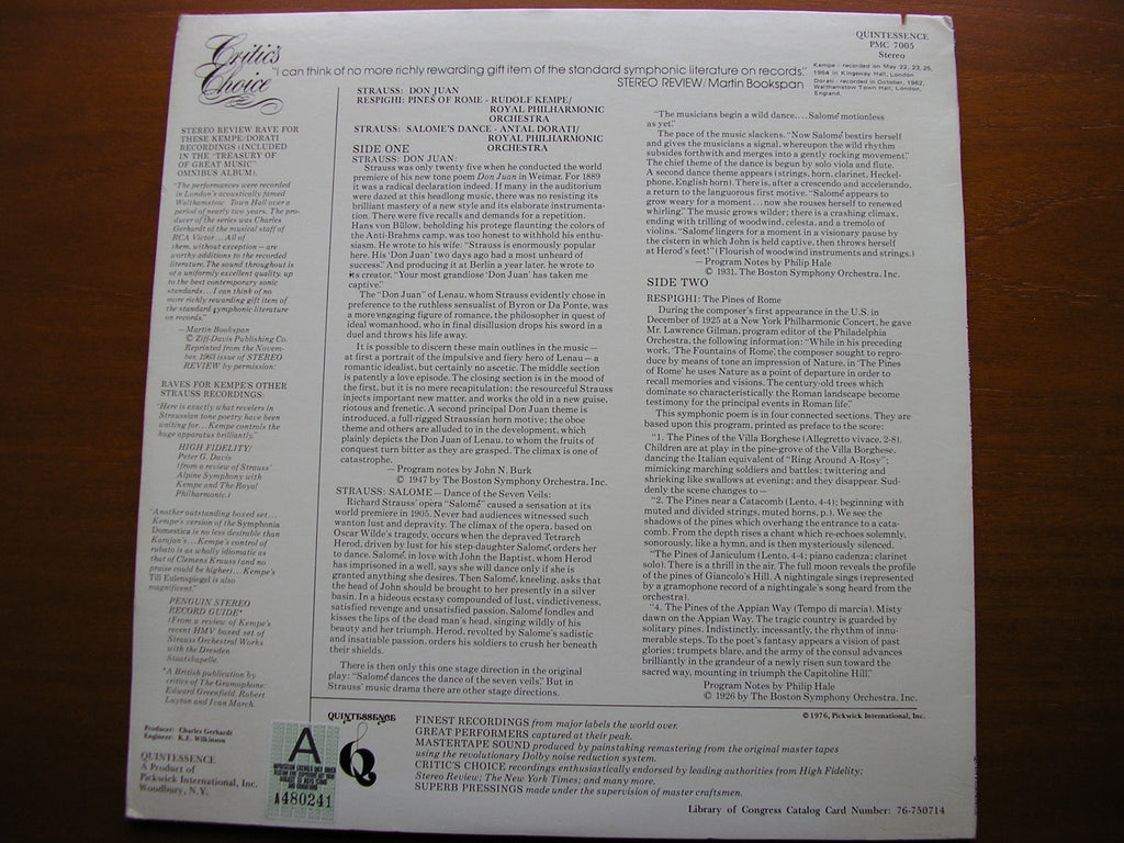 RESPIGHI: PINES OF ROME / STRAUSS: DON JUAN / SALOME'S DANCE    KEMPE / DORATI / ROYAL PHILHARMONIC   PMC 7005