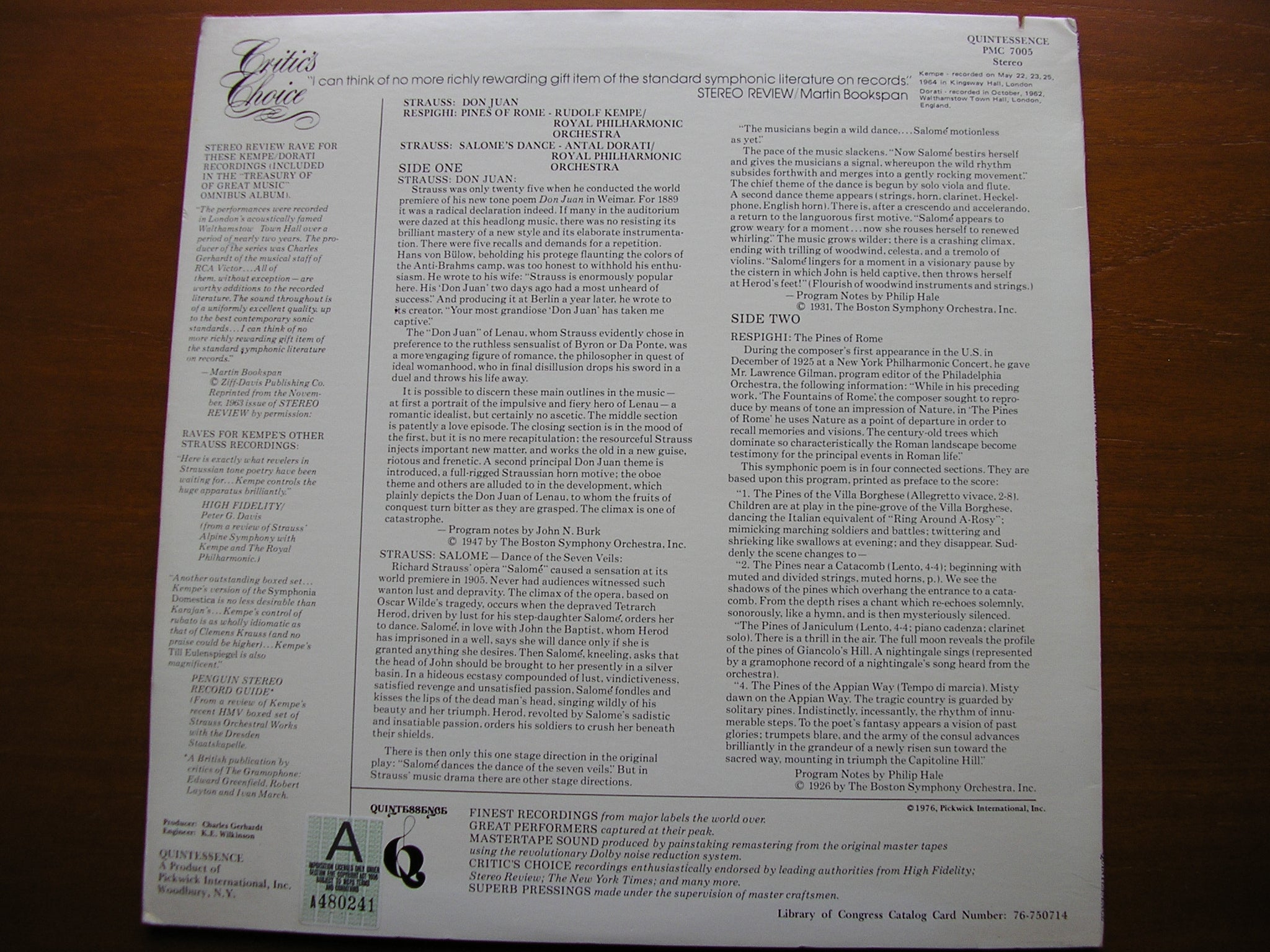 RESPIGHI: PINES OF ROME / STRAUSS: DON JUAN / SALOME'S DANCE    KEMPE / DORATI / ROYAL PHILHARMONIC   PMC 7005