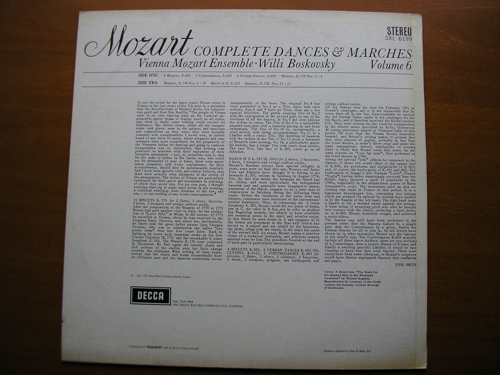 SXL 6199  MOZART: COMPLETE DANCES & MARCHES  Volume 6      BOSKOVSKY / VIENNA MOZART ENSEMBLE    ED2