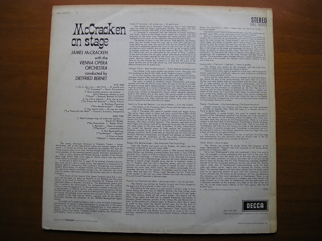 SXL 6201  JAMES McCRACKEN SINGS OPERA ARIAS       VIENNA OPERA ORCHESTRA / BERNET     ED2