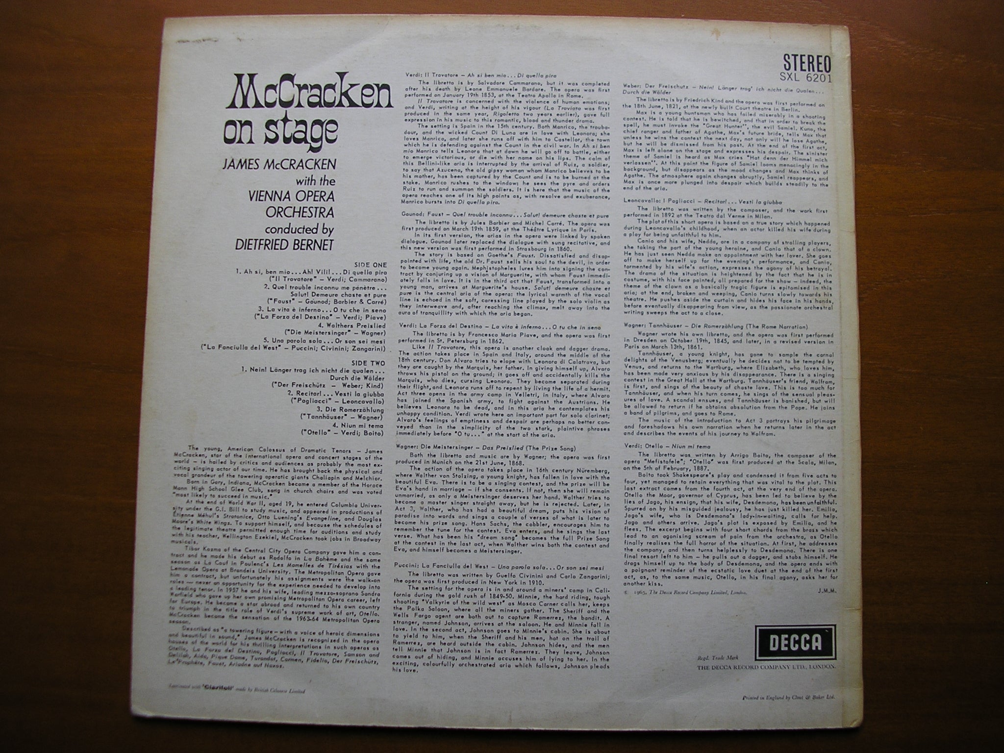 SXL 6201  JAMES McCRACKEN SINGS OPERA ARIAS       VIENNA OPERA ORCHESTRA / BERNET     ED2