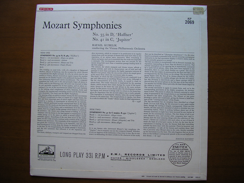 MOZART: SYMPHONIES Nos. 35  &  41  'Jupiter'       KUBELIK / VIENNA PHILHARMONIC     ALP 2069