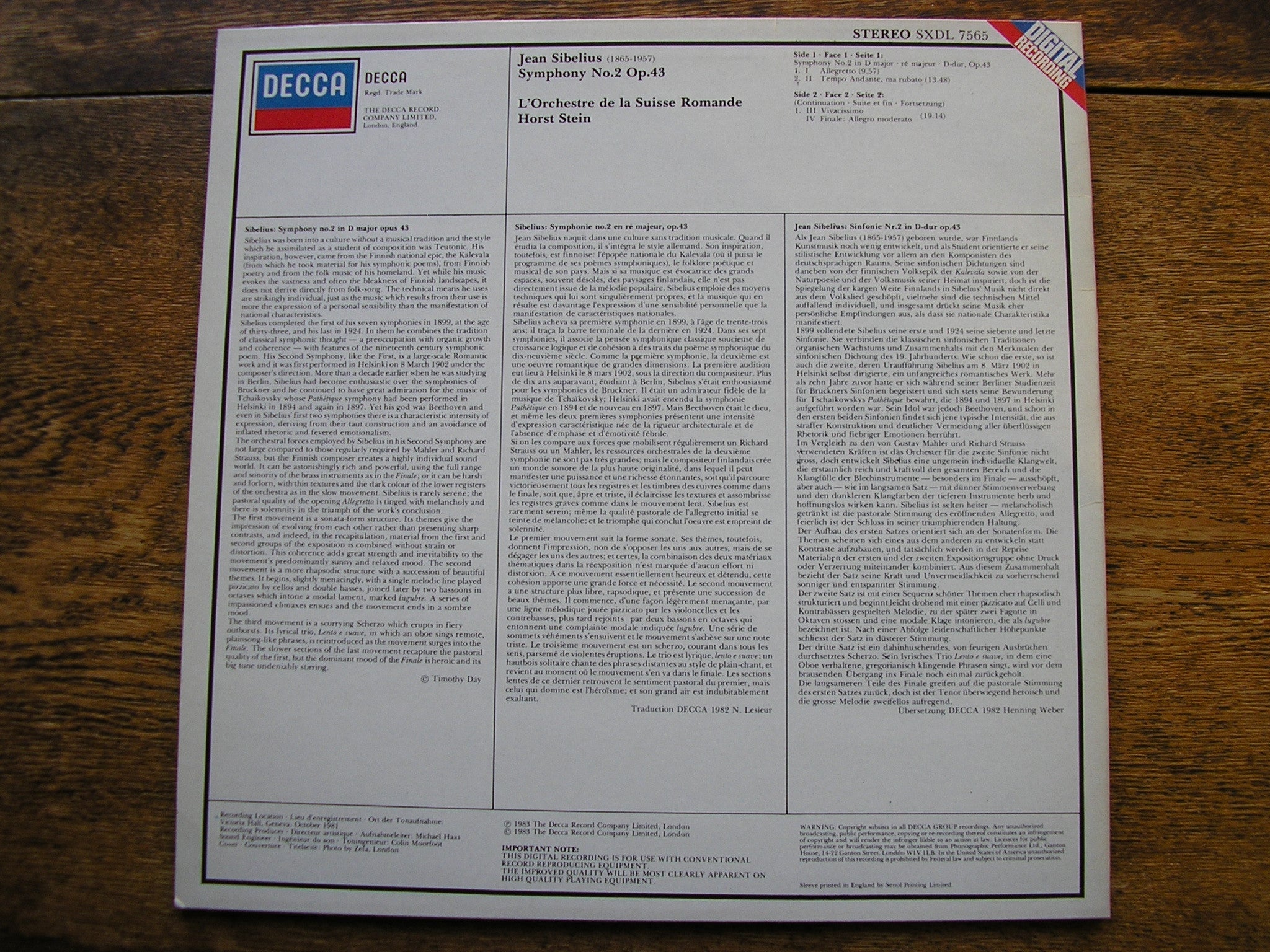 SXDL 7565 SIBELIUS: SYMPHONY No. 2 HORST STEIN / SUISSE ROMANDE