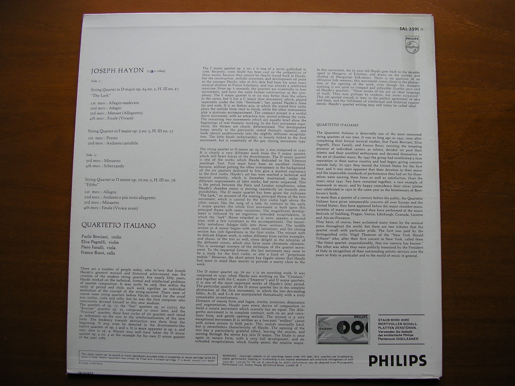 HAYDN: THREE STRING QUARTETS     QUARTETTO ITALIANO       SAL 3591