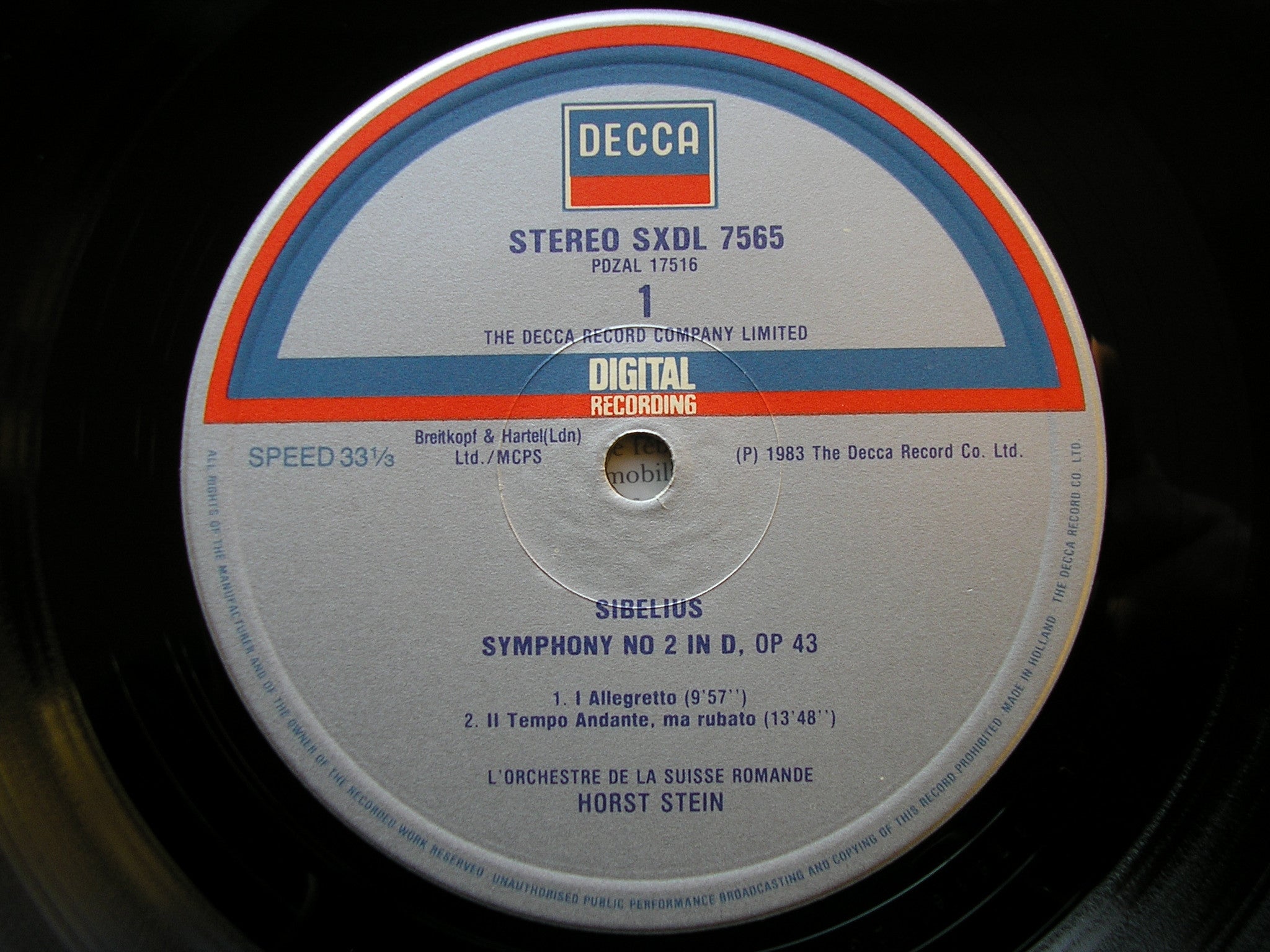 SXDL 7565 SIBELIUS: SYMPHONY No. 2 HORST STEIN / SUISSE ROMANDE