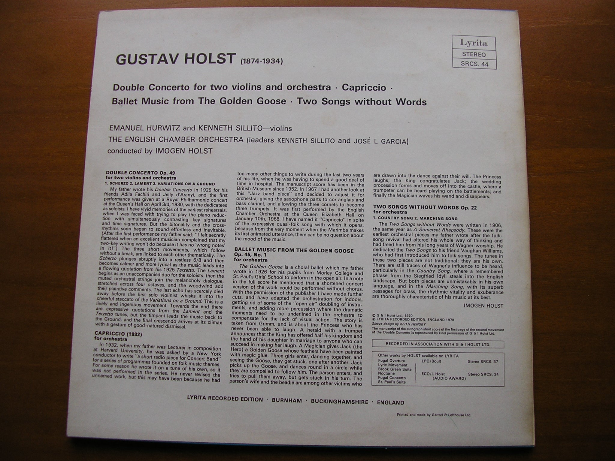 HOLST: DOUBLE CONCERTO / CAPRICCIO / GOLDEN GOOSE ballet music      HURWITZ / SILLITO / ENGLISH CHAMBER ORCHESTRA / IMOGEN HOLST    SRCS 44