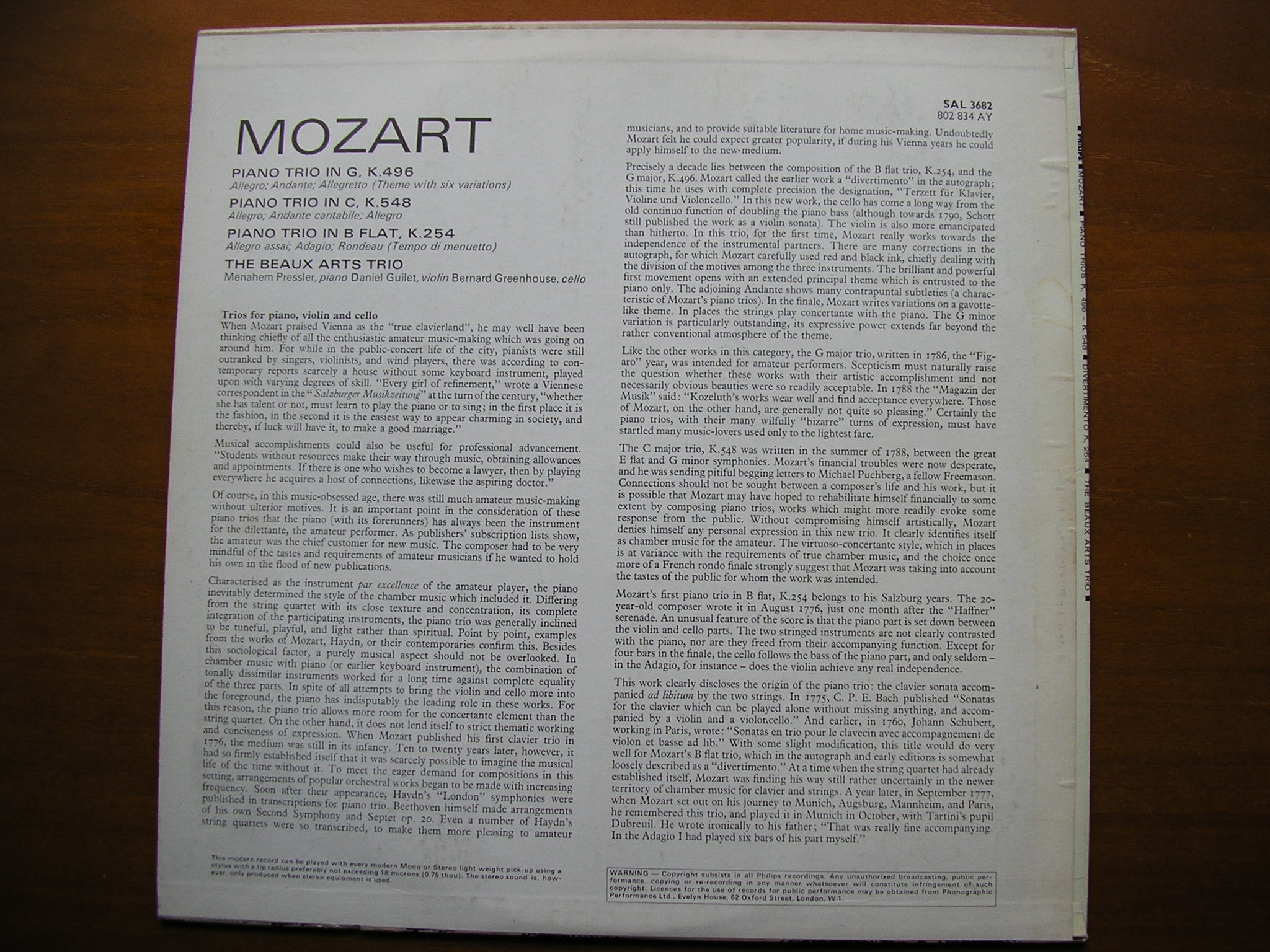 MOZART: PIANO TRIOS  K254 / K496 / K548      THE BEAUX ARTS TRIO      SAL 3682