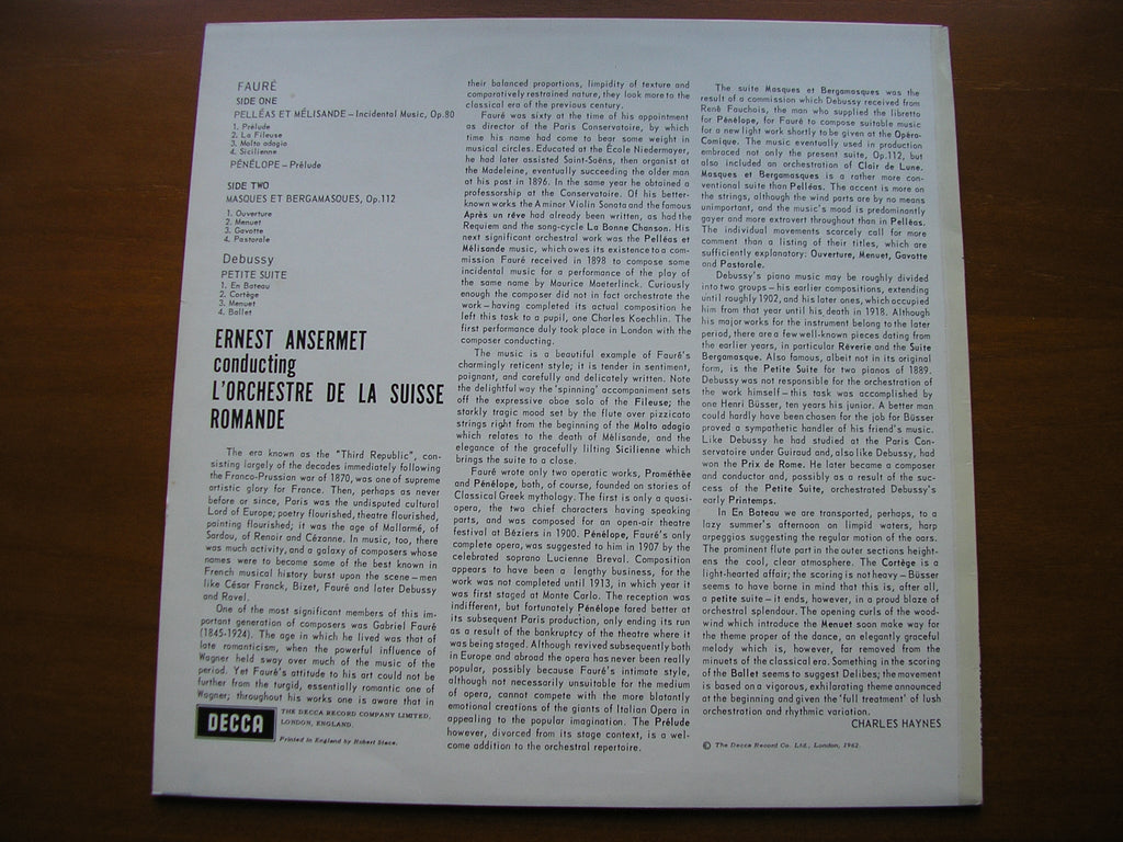 SXL 2303  FAURE: PELLEAS & MELISANDE / MASQUES ET BERGAMASQUES       ANSERMET / SUISSE ROMANDE
