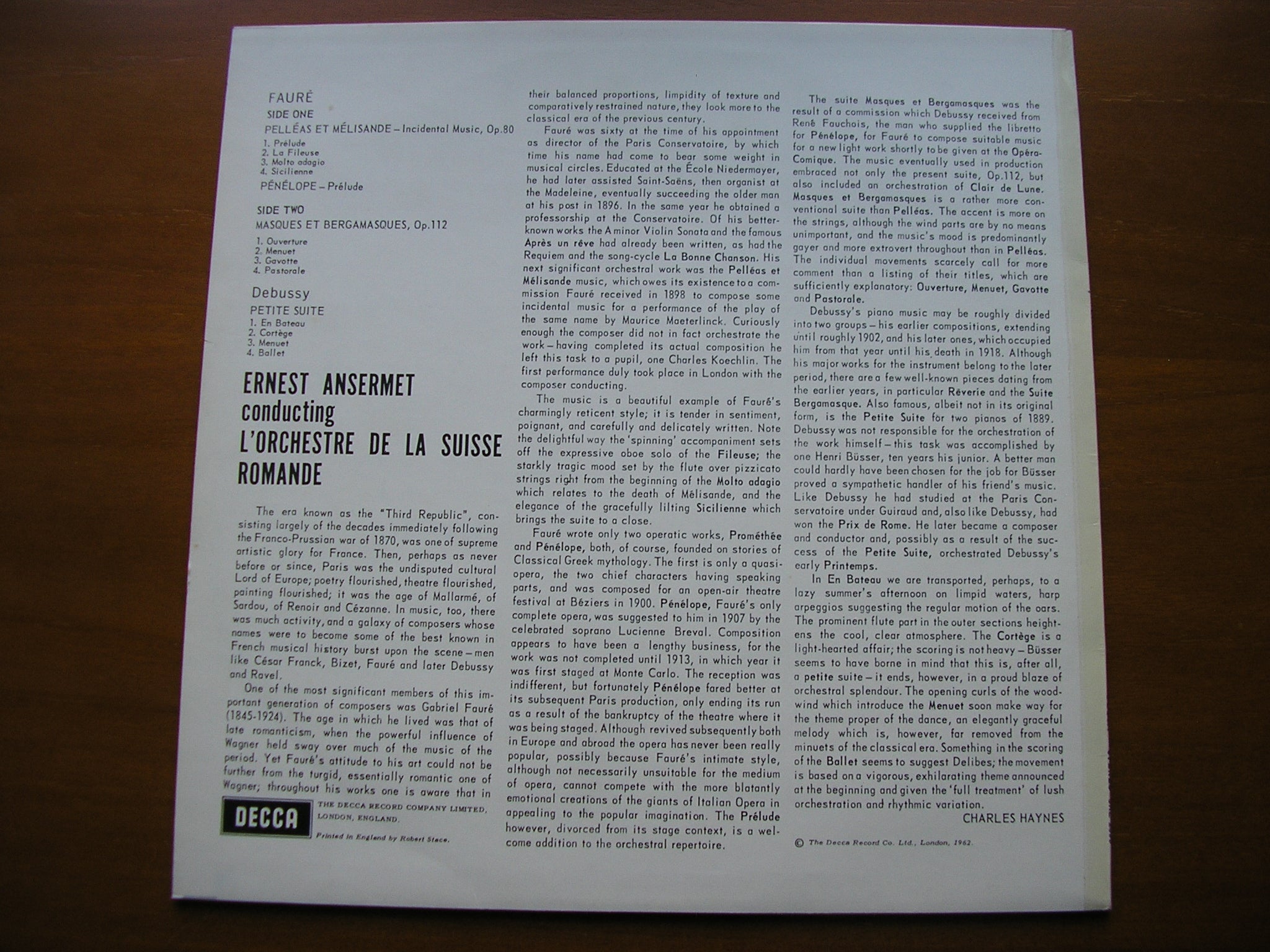 SXL 2303  FAURE: PELLEAS & MELISANDE / MASQUES ET BERGAMASQUES       ANSERMET / SUISSE ROMANDE