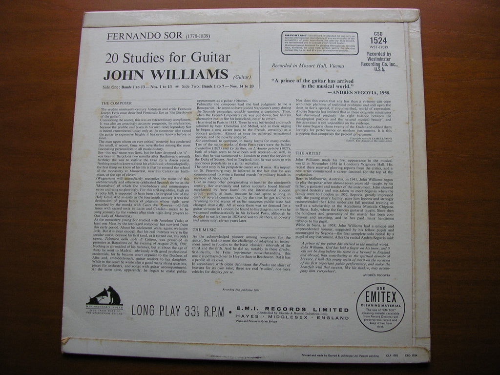 SOR: 20 STUDIES FOR GUITAR    JOHN WILLIAMS       CSD 1524