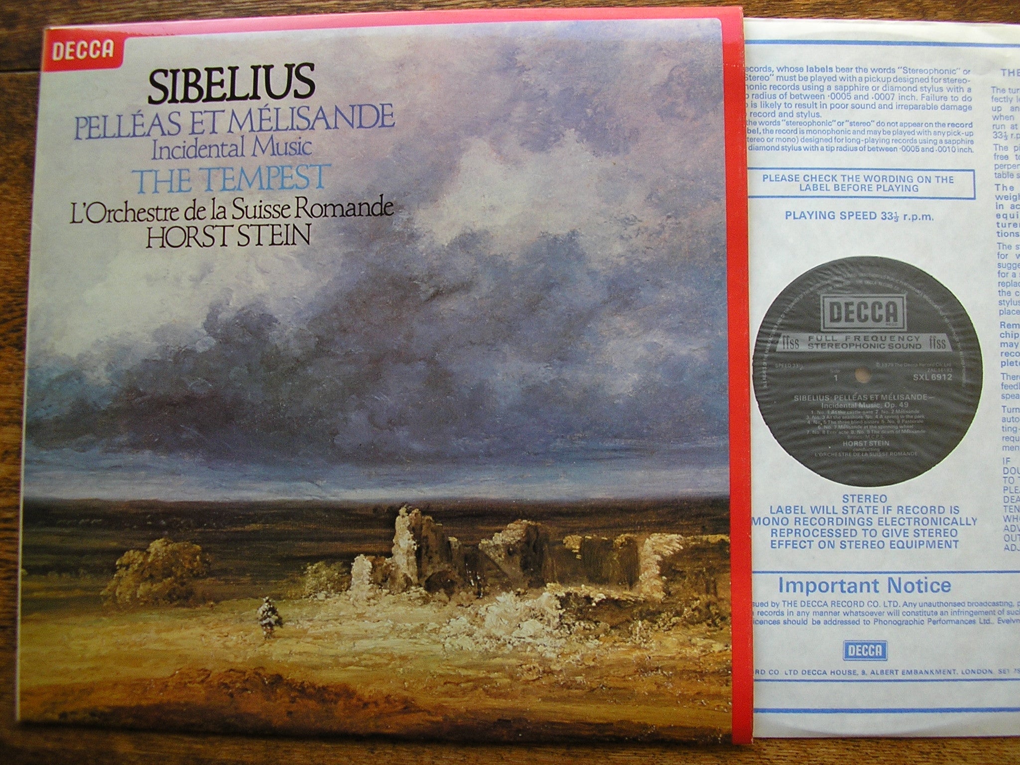 SXL 6912 SIBELIUS: PELLEAS & MELISANDE / THE TEMPEST HORST STEIN / SRO