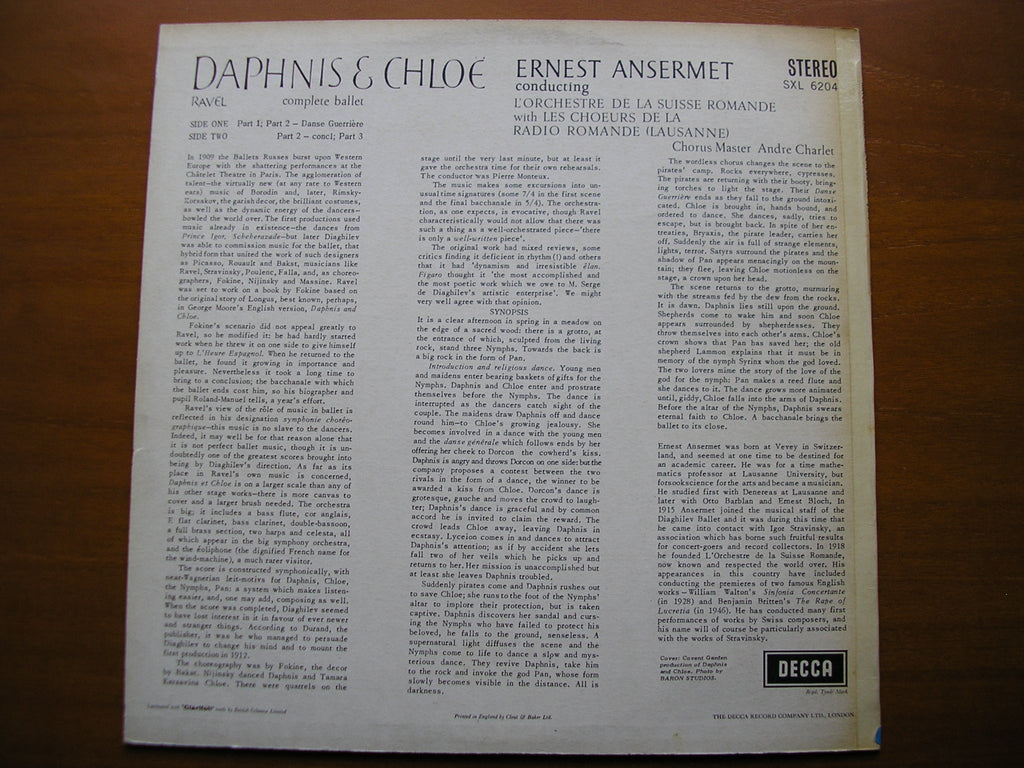 SXL 6204  RAVEL: DAPHNIS & CHLOE   complete ballet     ANSERMET / SUISSE ROMANDE    ED1