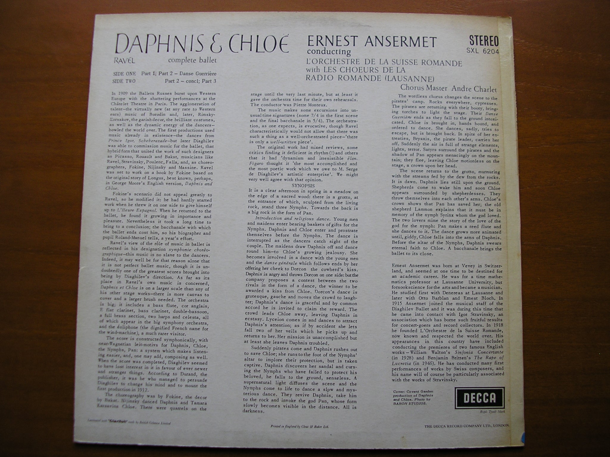 SXL 6204  RAVEL: DAPHNIS & CHLOE   complete ballet     ANSERMET / SUISSE ROMANDE    ED1