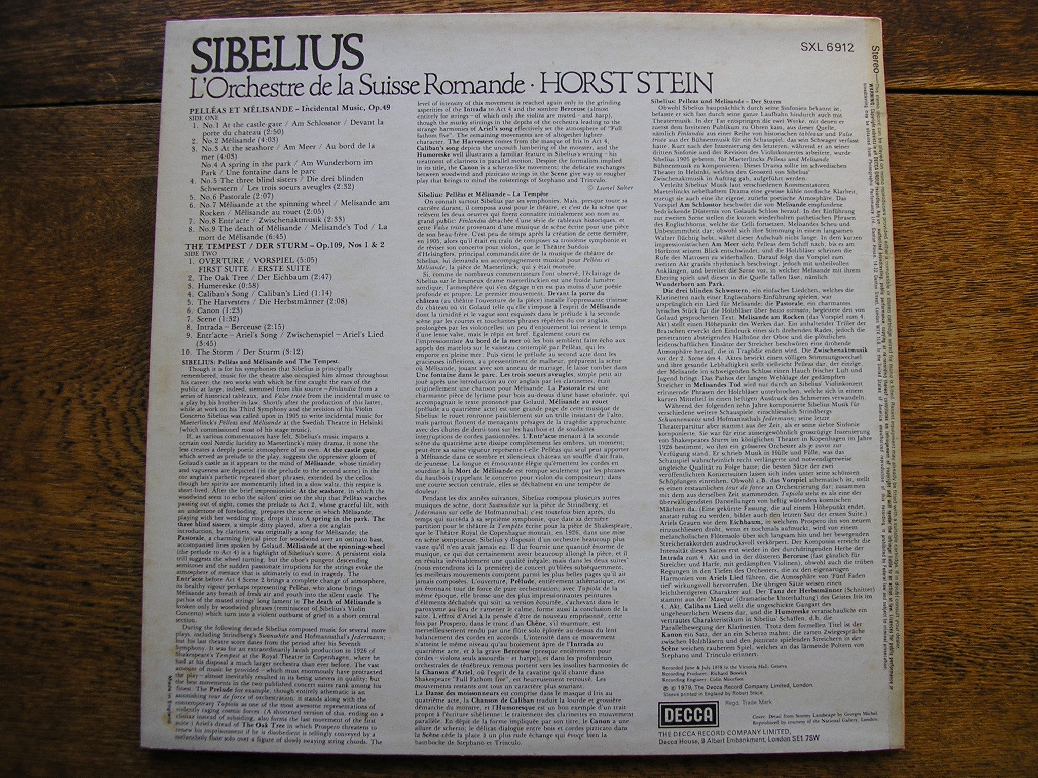 SXL 6912 SIBELIUS: PELLEAS & MELISANDE / THE TEMPEST HORST STEIN / SRO