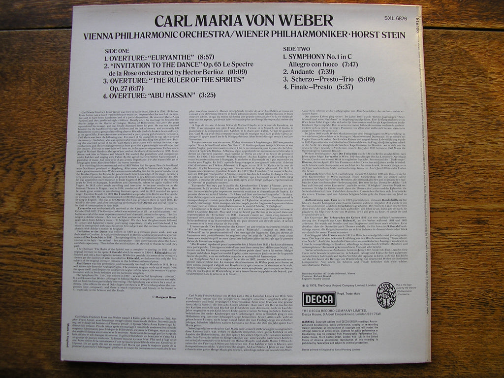 SXL 6876 WEBER: SYMPHONY No. 1 / THREE OVERTURES / INVITATION TO THE DANCE STEIN / VPO