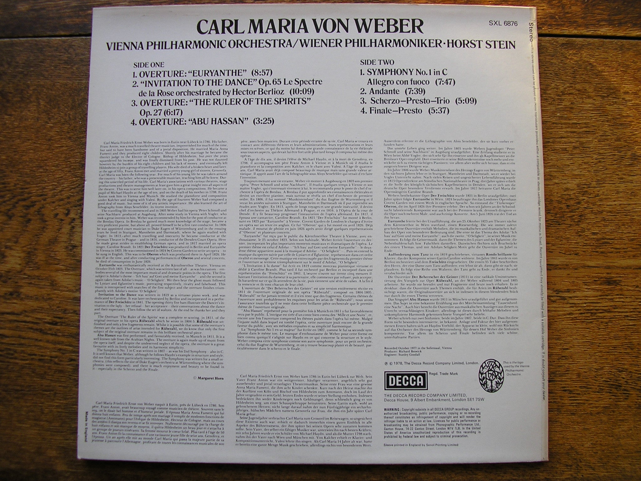 SXL 6876 WEBER: SYMPHONY No. 1 / THREE OVERTURES / INVITATION TO THE DANCE STEIN / VPO