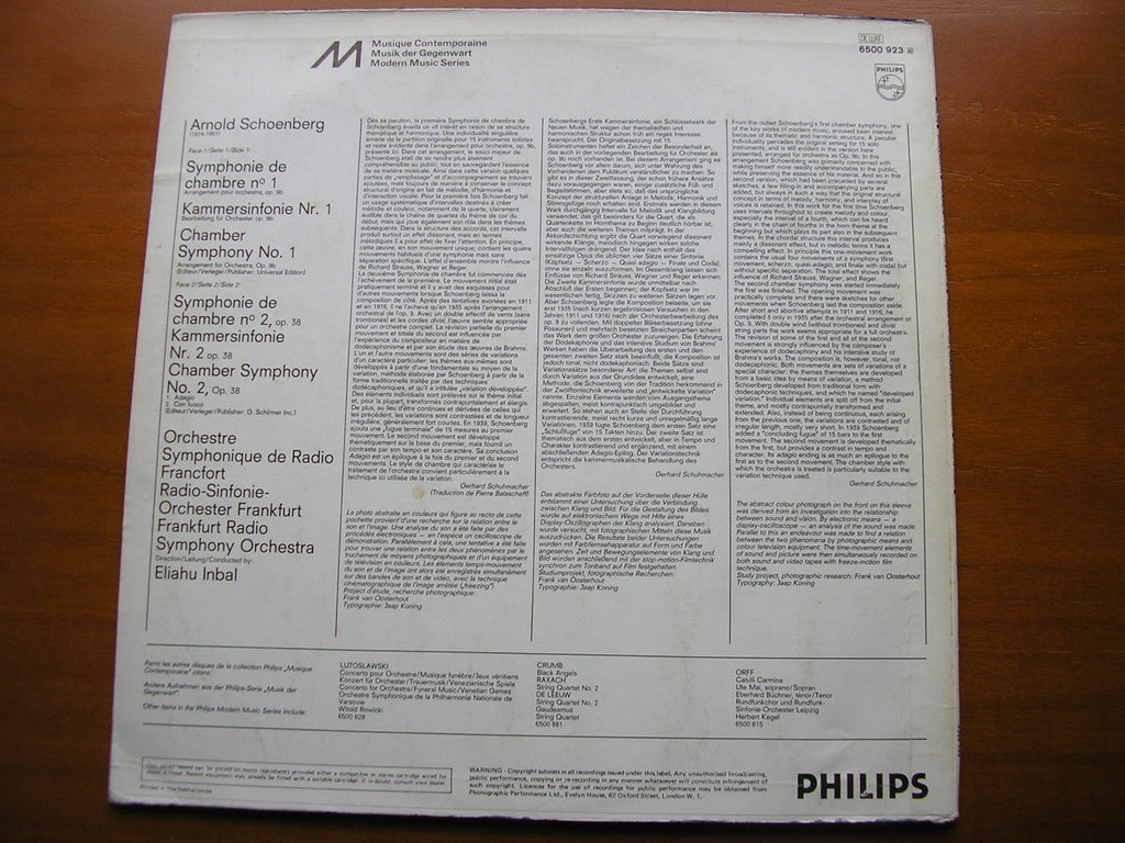 SCHOENBERG: CHAMBER SYMPHONIES Nos. 1 & 2      INBAL / FRANKFURT RADIO SYMPHONY      6500 923