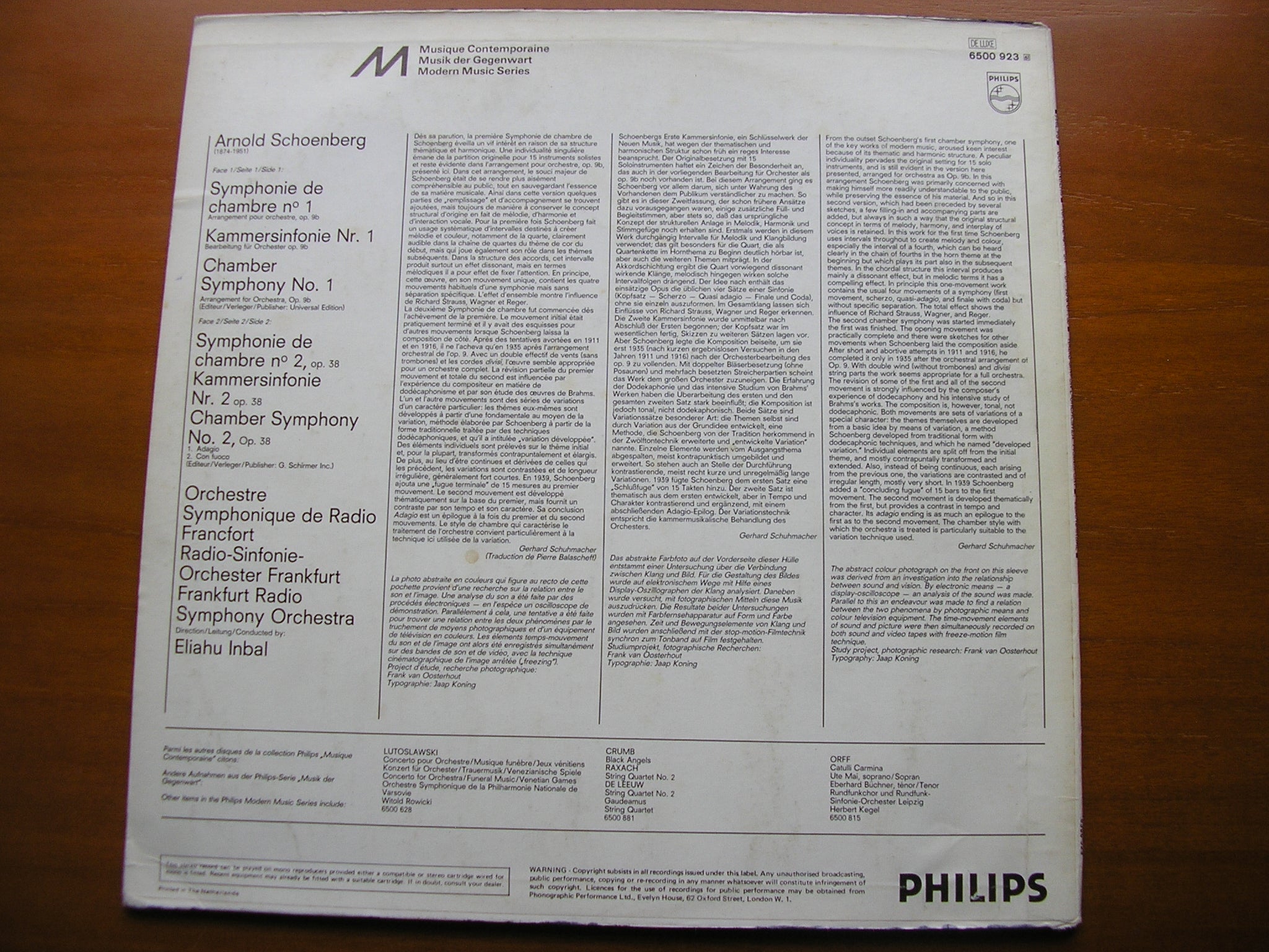 SCHOENBERG: CHAMBER SYMPHONIES Nos. 1 & 2      INBAL / FRANKFURT RADIO SYMPHONY      6500 923