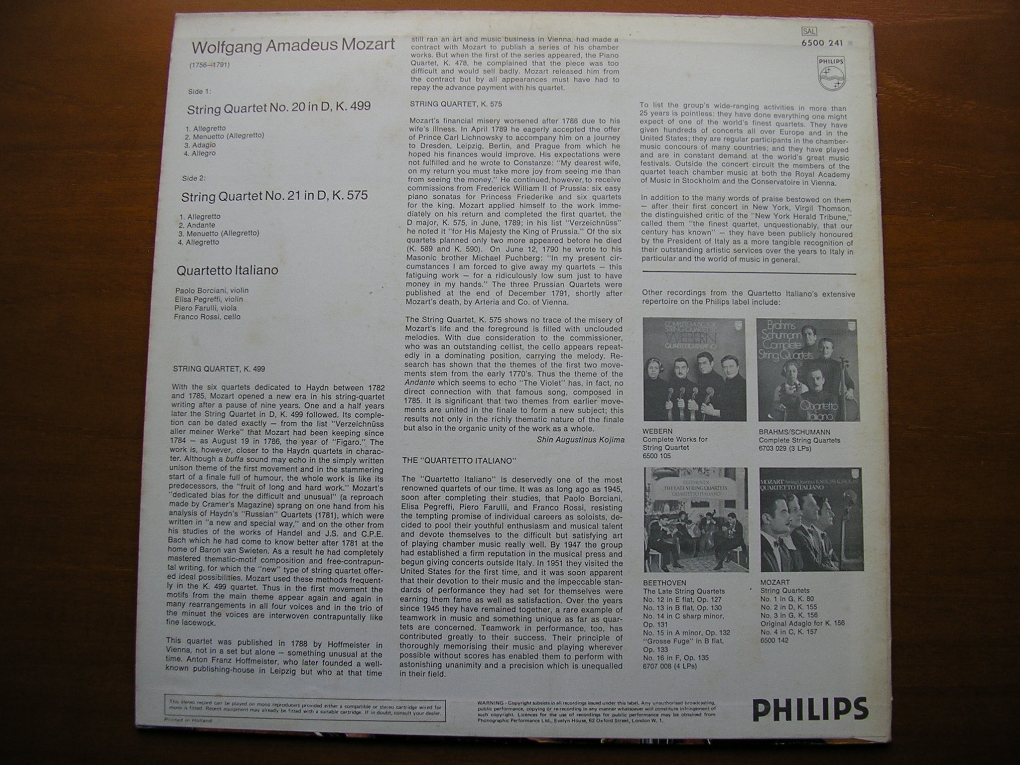 MOZART: STRING QUARTETS K499 & K575       QUARTETTO ITALIANO     6500 241