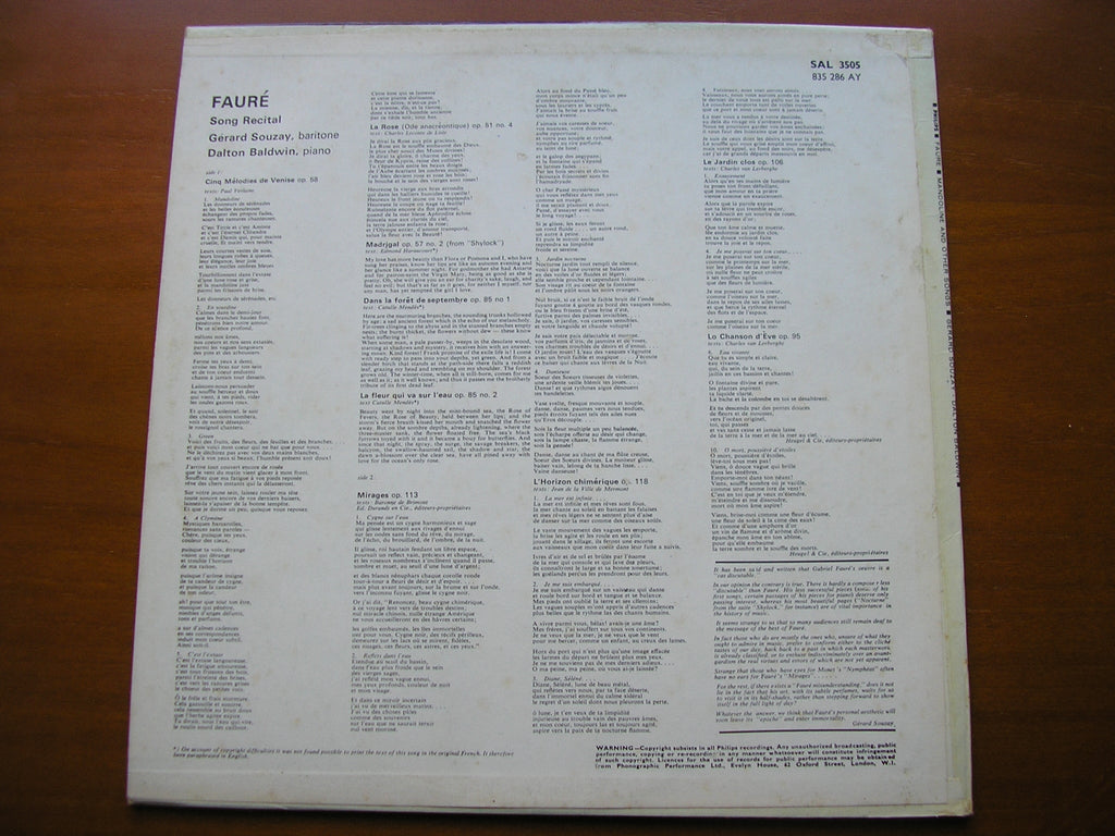 FAURE: SONGS      GERARD SOUZAY / DALTON BALDWIN     SAL 3505