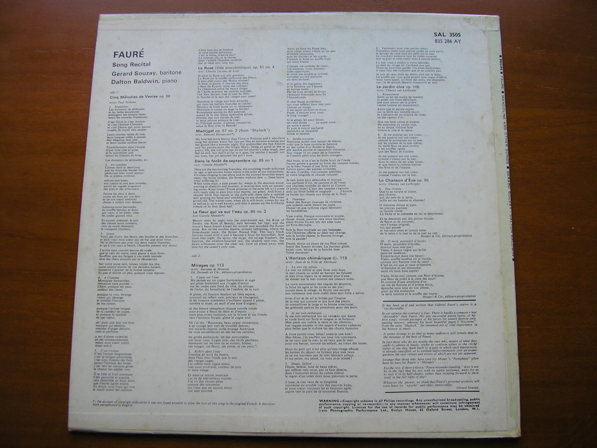 FAURE: SONGS      GERARD SOUZAY / DALTON BALDWIN     SAL 3505