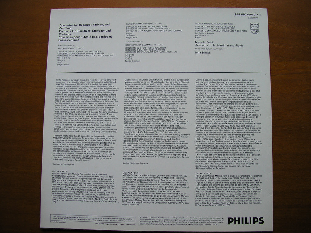 VIVALDI / SAMMARTINI / TELEMANN / HANDEL: RECORDER CONCERTOS      PETRI / ASMIF / BROWN     9500 714
