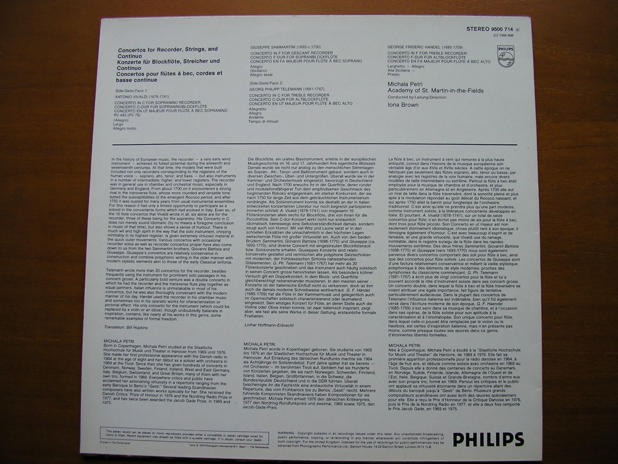 VIVALDI / SAMMARTINI / TELEMANN / HANDEL: RECORDER CONCERTOS      PETRI / ASMIF / BROWN     9500 714