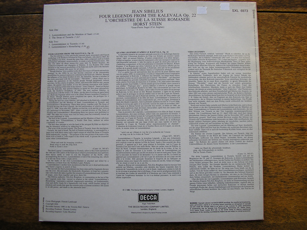 SXL 6973 SIBELIUS: FOUR LEGENDS FROM THE KALEVALA HORST STEIN / SRO