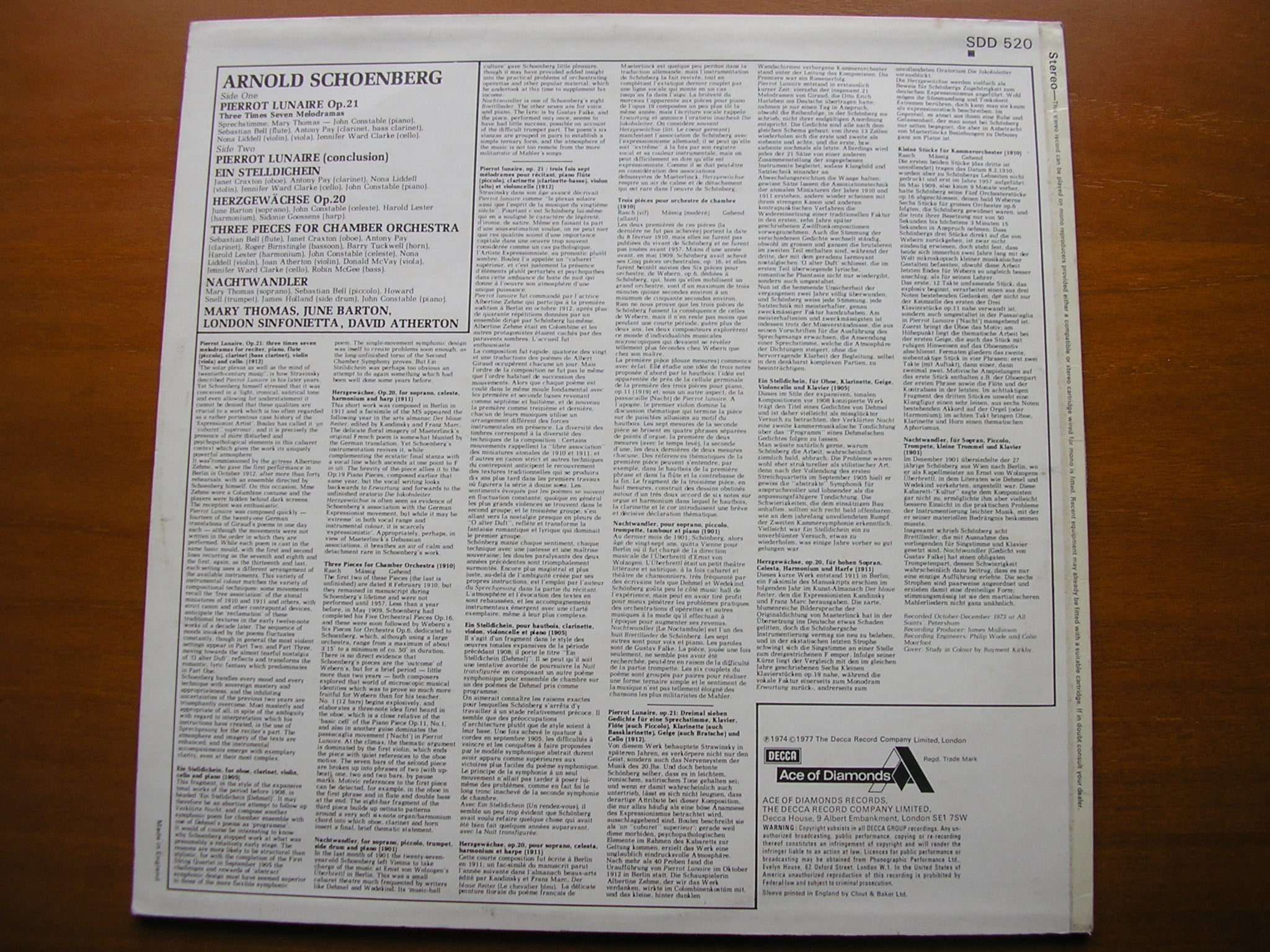 SCHOENBERG: PIERROT LUNAIRE     THOMAS / LONDON SINFONIETTA / ATHERTON      SDD 520
