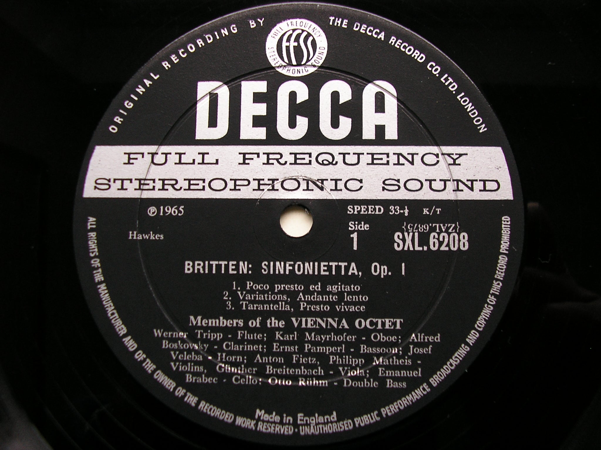 SXL 6208  BRITTEN: SINFONIETTA / HINDEMITH: OCTET     THE VIENNA OCTET      ED1