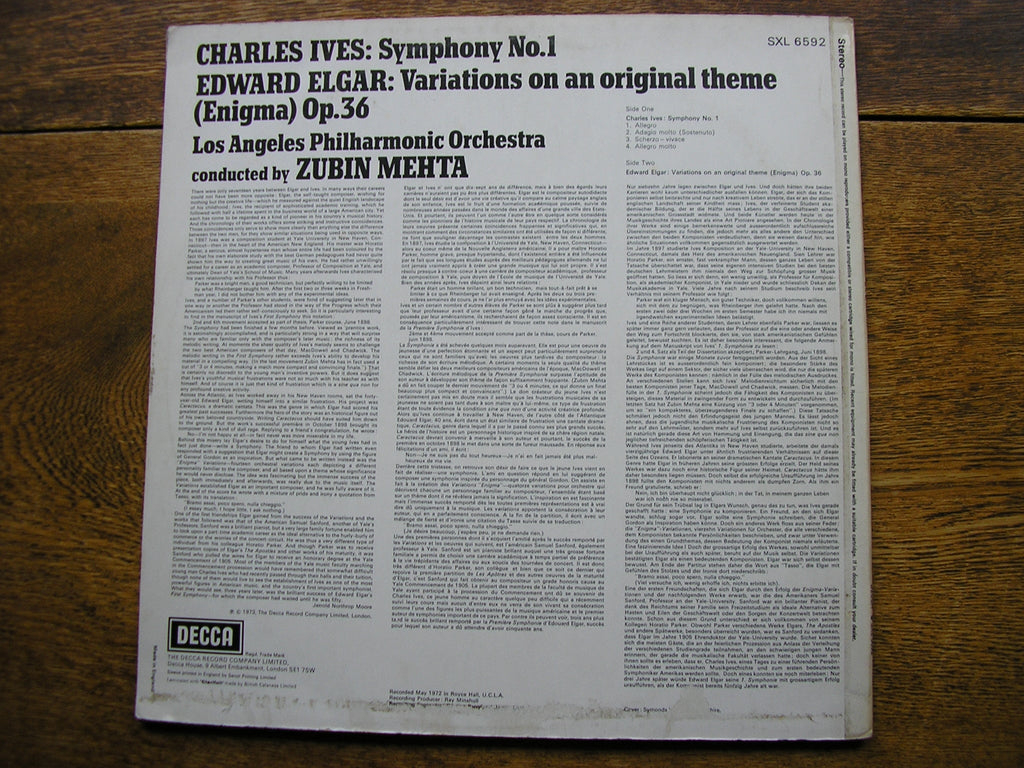 SXL 6592 ELGAR: ENIGMA VARIATIONS / IVES: SYMPHONY No. 1 MEHTA / LAPO