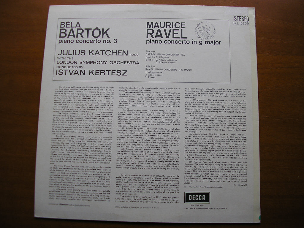 SXL 6209  BARTOK: PIANO CONCERTO No. 3 / RAVEL: PIANO CONCERTO in G      KATCHEN / LONDON SYMPHONY / KERTESZ     ED2