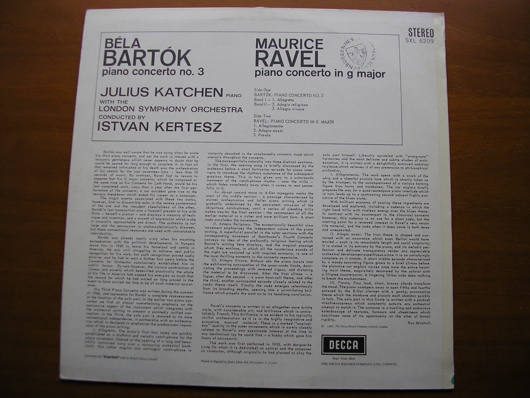 SXL 6209  BARTOK: PIANO CONCERTO No. 3 / RAVEL: PIANO CONCERTO in G      KATCHEN / LONDON SYMPHONY / KERTESZ     ED2
