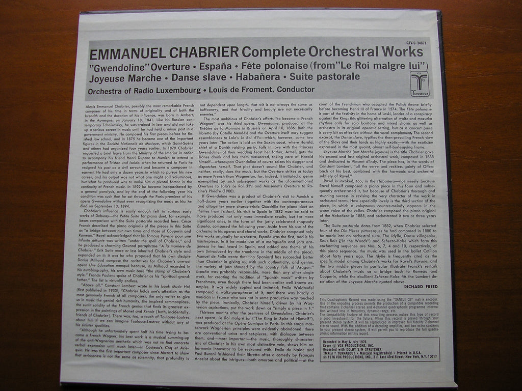 CHABRIER: COMPLETE ORCHESTRAL WORKS    DE FROMENT / RADIO LUXEMBOURG ORCHESTRA     QTVS 34671