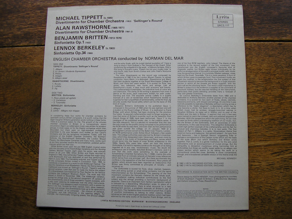 BRITTEN: SINFONIETTA / TIPPETT: DIVERTIMENTO   DEL MAR / ENGLISH CHAMBER ORCHESTRA   SRCS 111