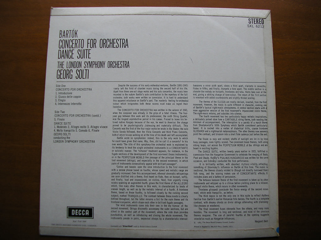 SXL 6212  BARTOK: CONCERTO FOR ORCHESTRA / DANCE SUITE    SOLTI / LONDON SYMPHONY    ED1