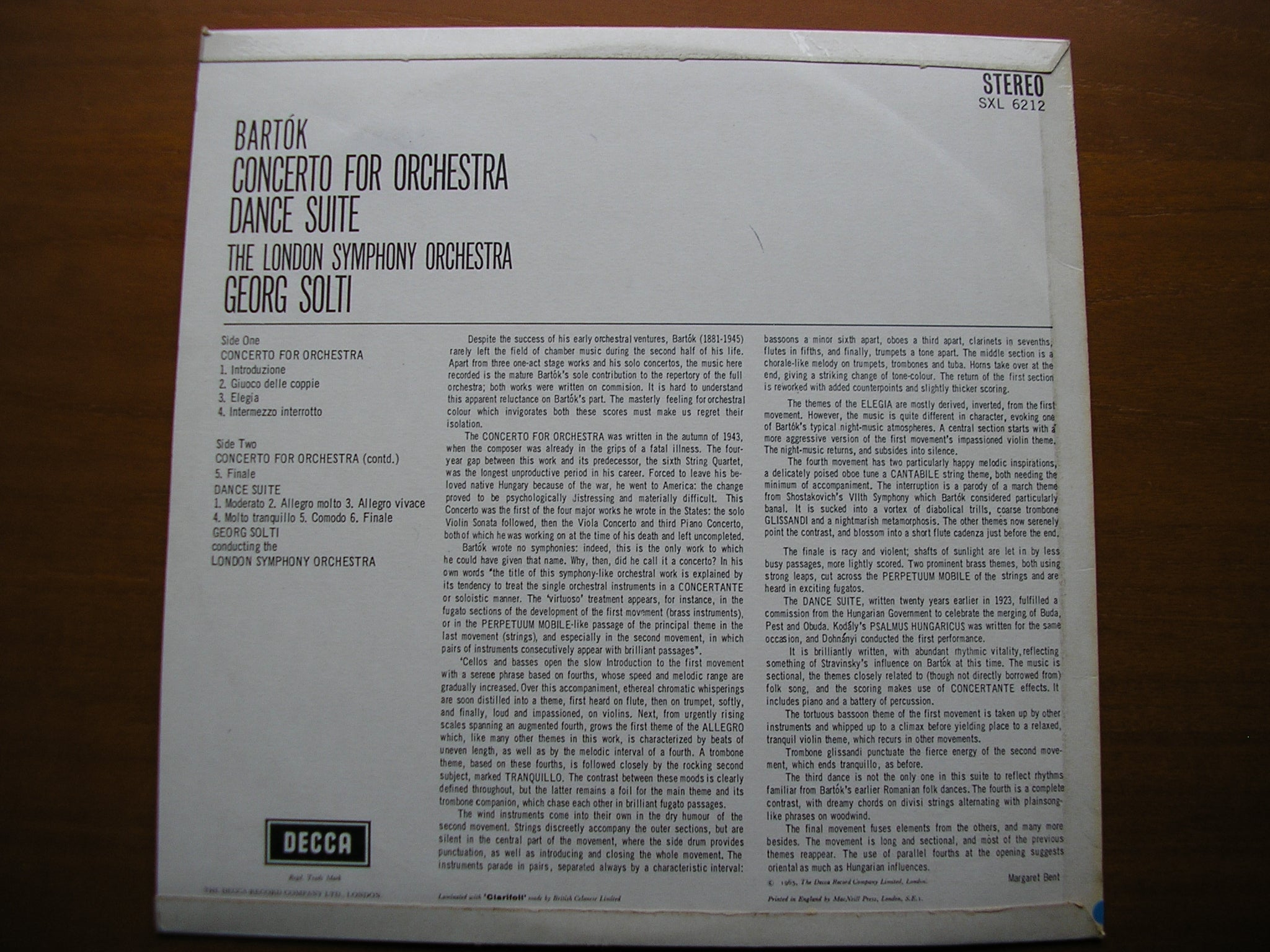 SXL 6212  BARTOK: CONCERTO FOR ORCHESTRA / DANCE SUITE    SOLTI / LONDON SYMPHONY    ED1