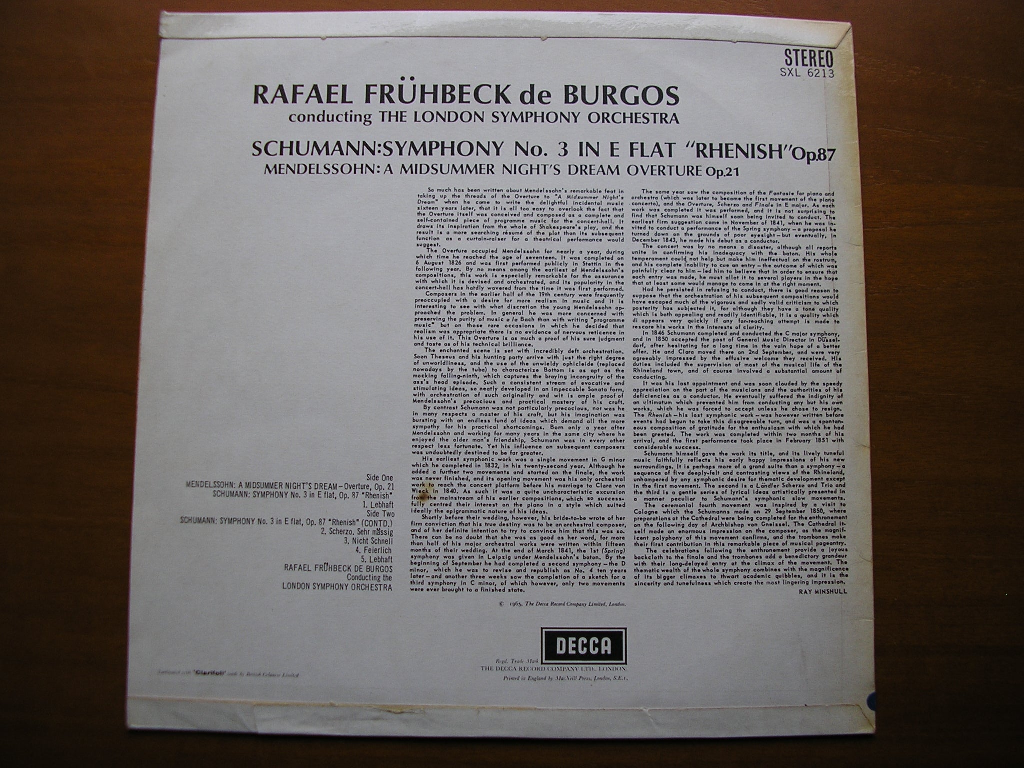 SXL 6213  SCHUMANN: SYMPHONY No. 3 'Rhenish' / MENDELSSOHN: OVERTURE    ED1