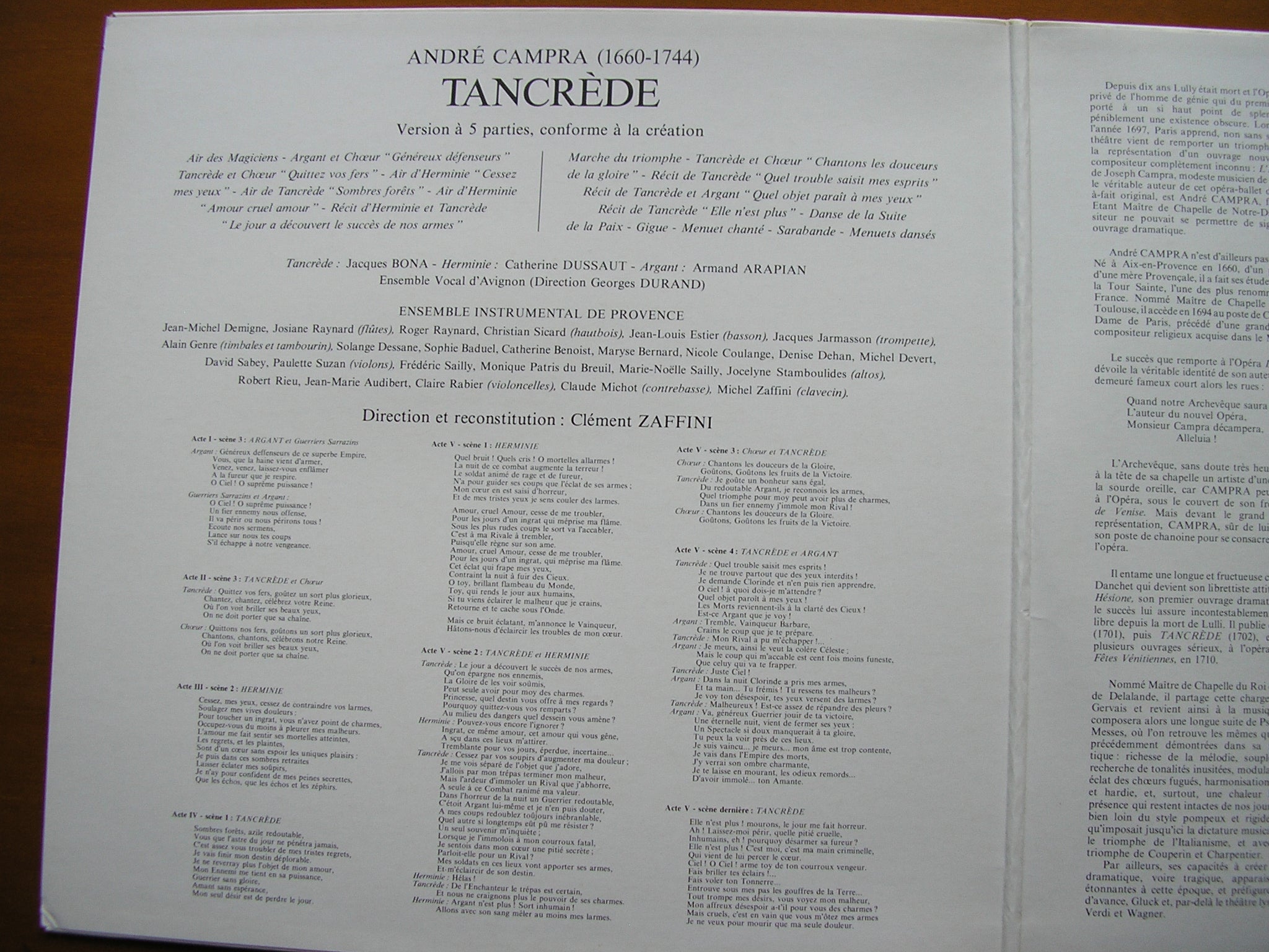 CAMPRA: TANCREDE   (1702)     SOLOISTS / PROVENCE INSTRUMENTAL ENSEMBLE / ZAFFINI      PV 1811